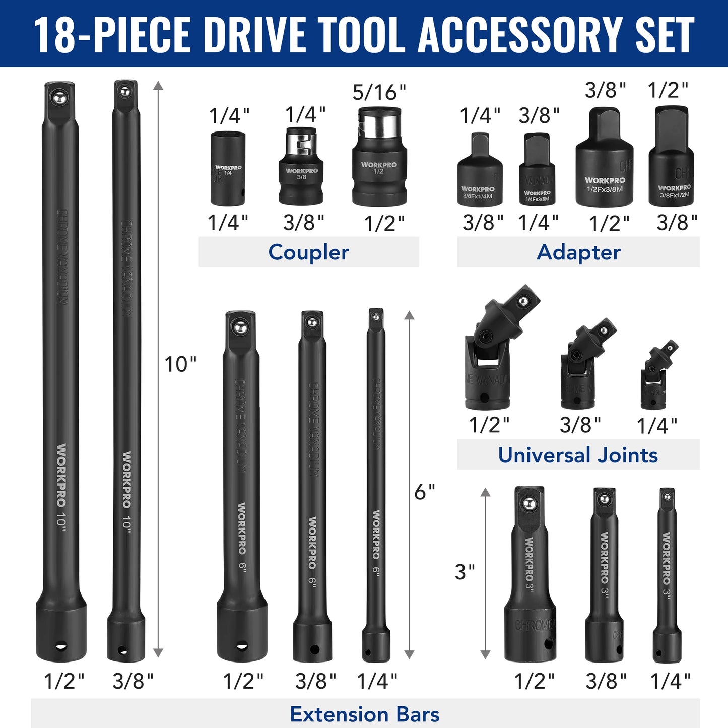 Workpro 18 Pieces Drive Tool Accessory Set with Socket Adapters Socket Extension Bar Swivel Universal Joints Impact Coupler