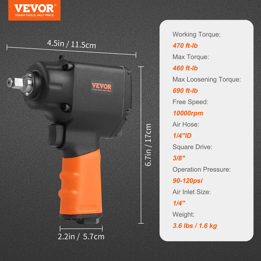 SucceBuy Air Impact Wrench 3/8 Inch Square Drive 690 ft lbs Pneumatic Impact Gun Tire Removal Tool for Auto Repairs and Maintenance