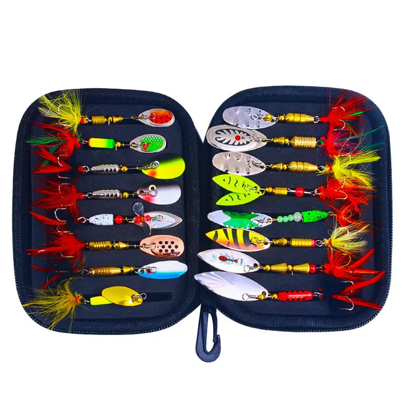 16PCS Fake Bait Spinner Lures Metal Fishing Lure Spinnerbait Kit for Bass Trout Salmon