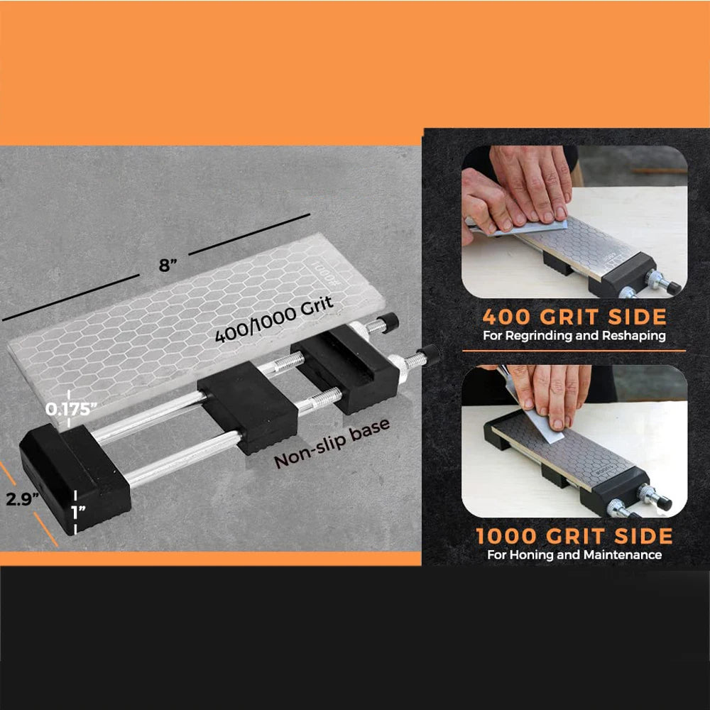 8 Inch Diamond Sharpening Stone Set with Adjustable Non Slip Holder 400/1000 Grit Fine Double Sided Plate Whetstone Knife Tools