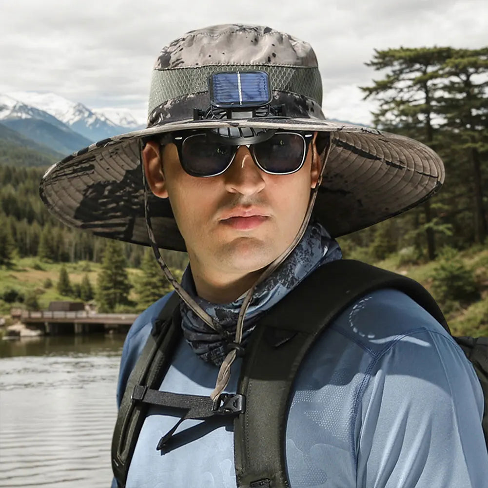 Outdoor Solar Fan Hat UV Protection Sun Hat with Solar Powered Fans Breathable Wide Brim Fishing Hat for Camping and Hiking