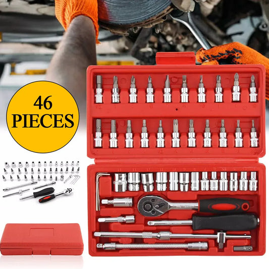 46 Piece Metric Flexible Head Ratcheting Wrench Combination Set 1/4 Inch Drive Hex Bit Socket Mechanic Tool for Car Repair