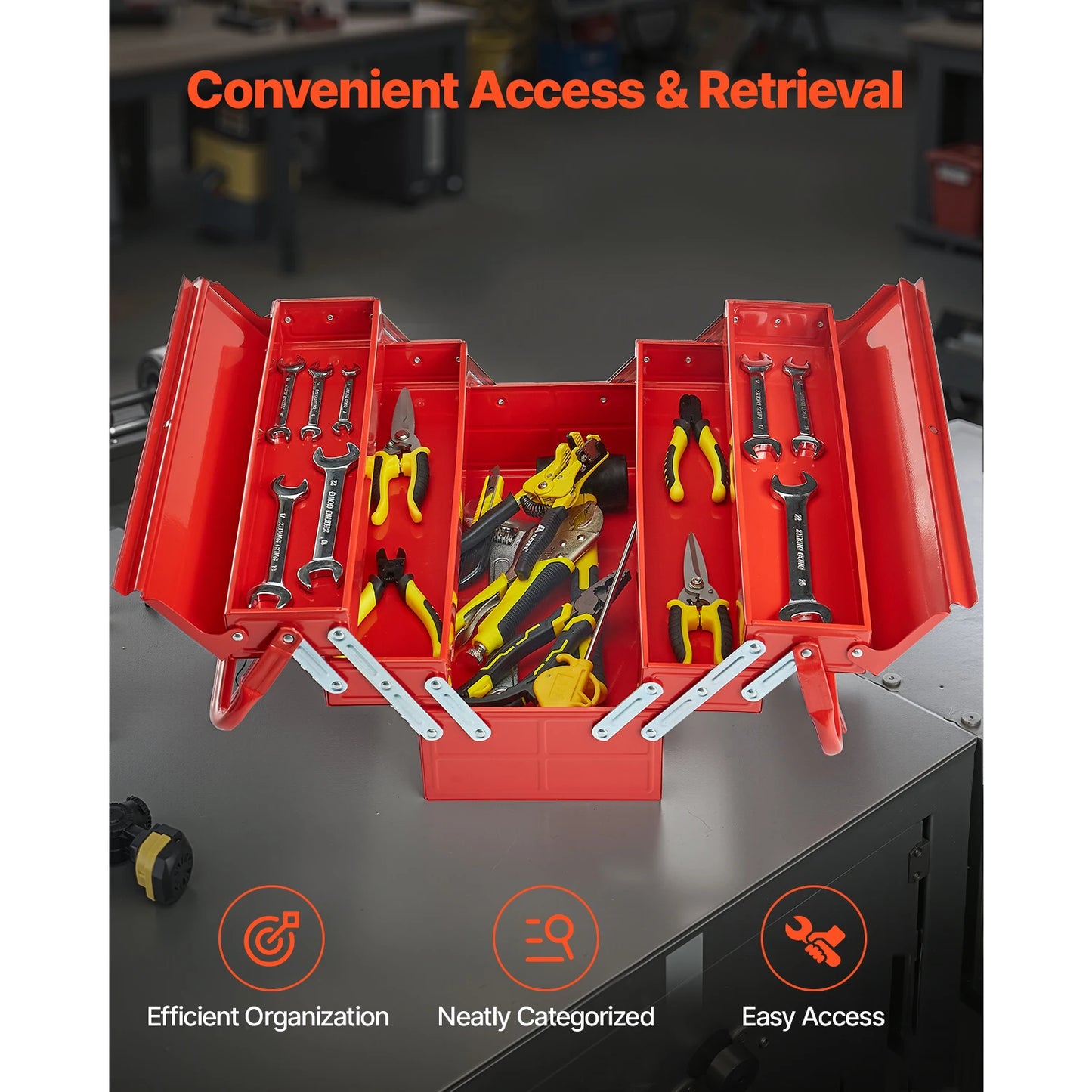 SucceBuy 18 Inch Metal Toolbox 3 Tier 5 Tray Portable Folding Tool Chest Handle