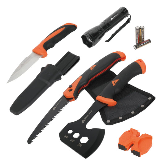 Ozark Trail 7 Piece Camping Tool Set with Hammer Axe Flashlight and Knives Batteries Included